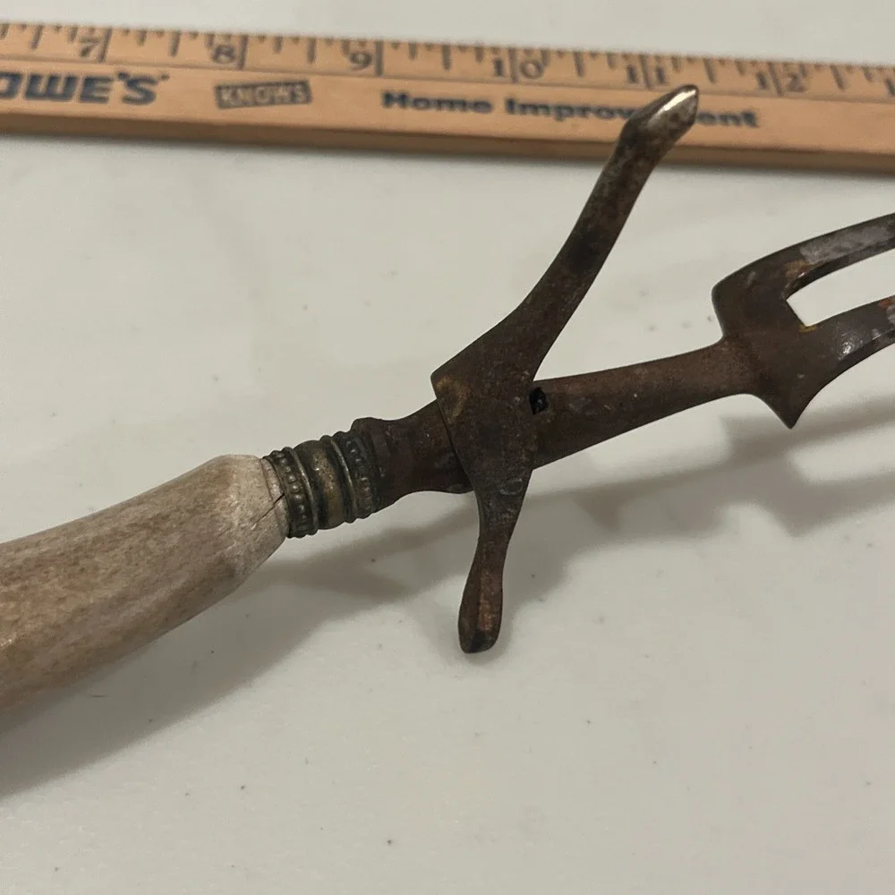 Antique Deer/Stag Antler Handle Meat Carving Serving Fork w/Stand